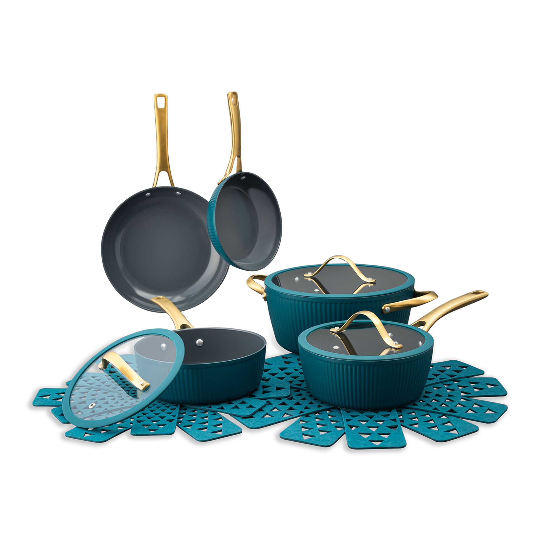 Thyme & Table 12-Piece Ceramic Non-Stick Signature Ribbed Cookware Set, Non-Toxic Pots and Pans Set - Peacock Blue