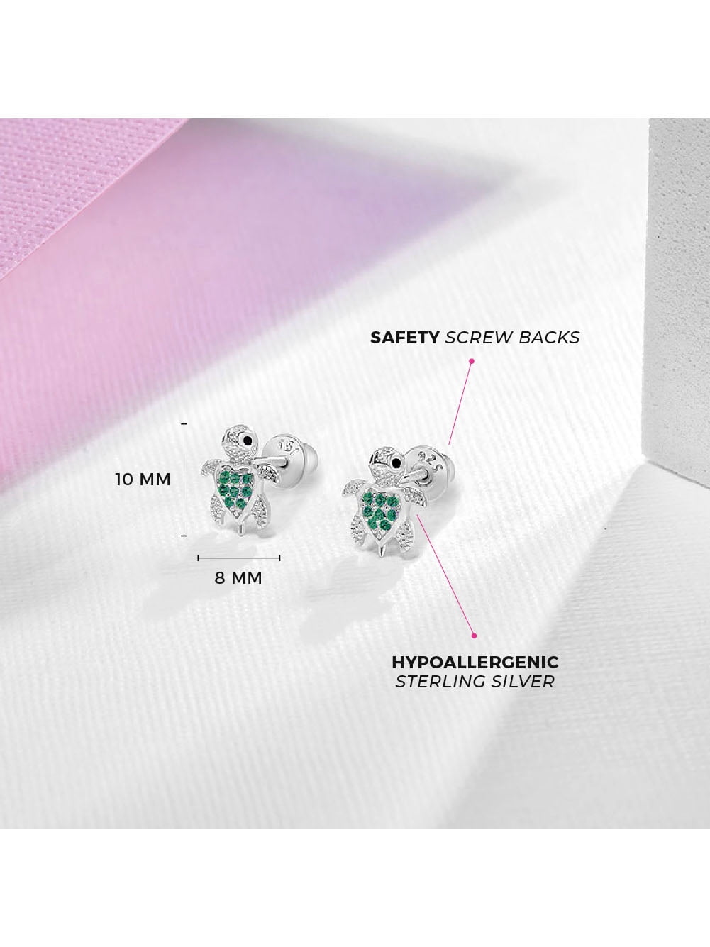 925 Sterling Silver Green Cubic Zirconia Turtle Screw Back Earrings for Girls