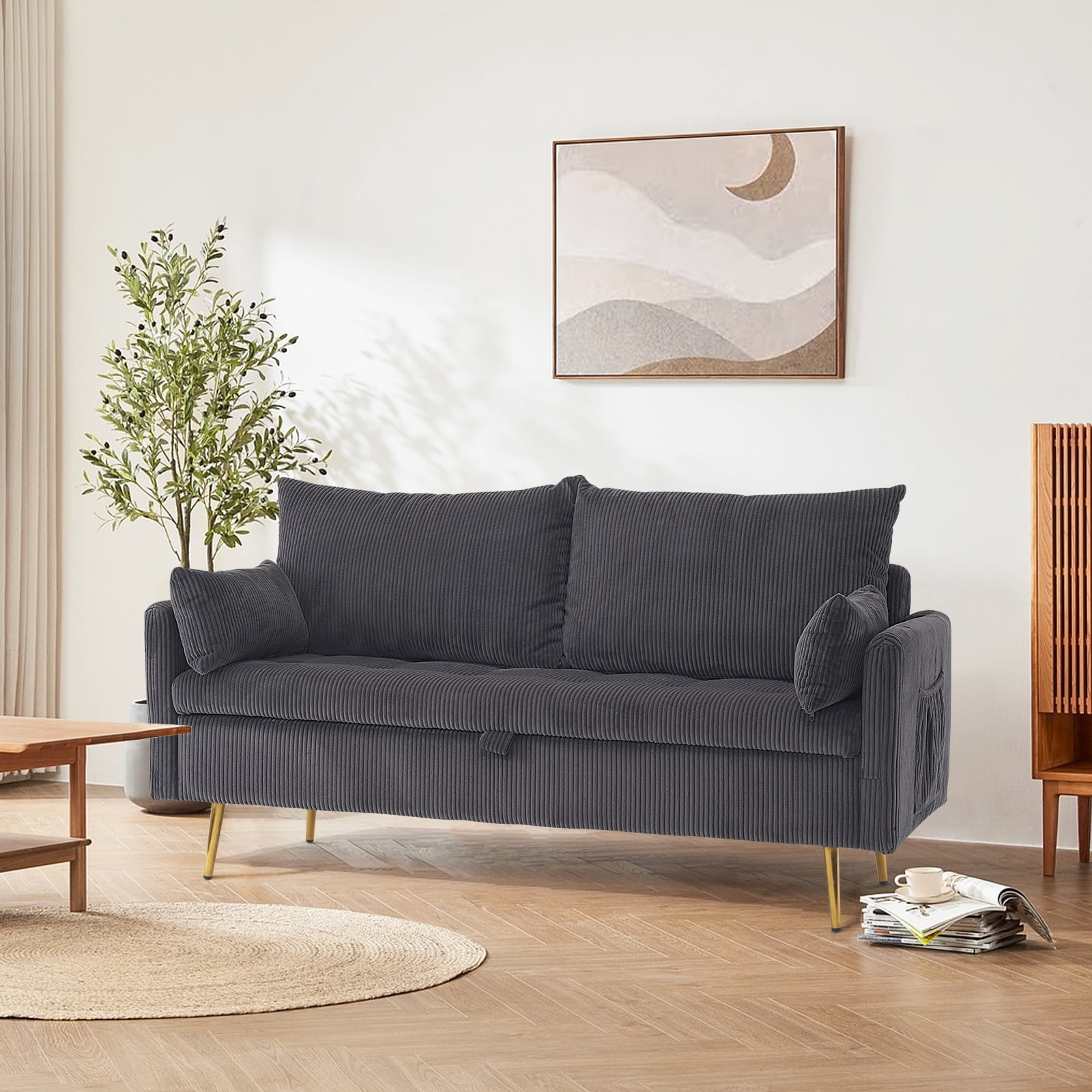 Furniliving 2 Seat Fabric Sofas with 2 Pillow, Modern Small Loveseat Sofa, Upholstered Button Tufted Sofa Couch, Gray