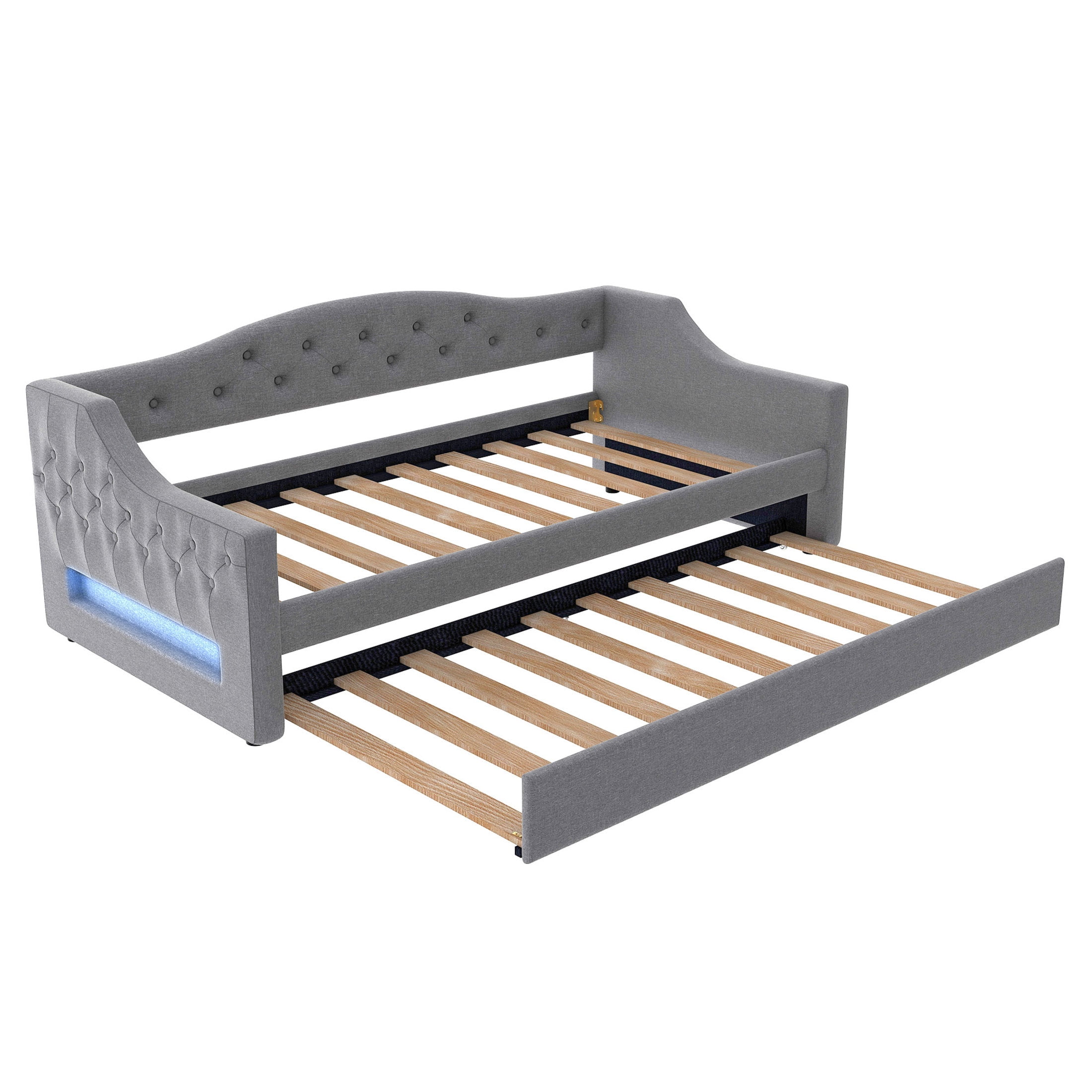 Noble House Twin XL Upholstered Daybed, Linen Frame with 7-Color LED Belt and Trundle, Space Saving Design, Gray