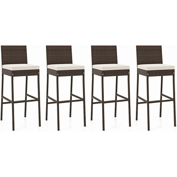 LYYHTY Wicker Patio Barstools Set of 4, Outdoor Rattan Bar Chairs with Footrest & Backrest, Armless High Top Chairs with Seat Cushions for Backyard, Balcony