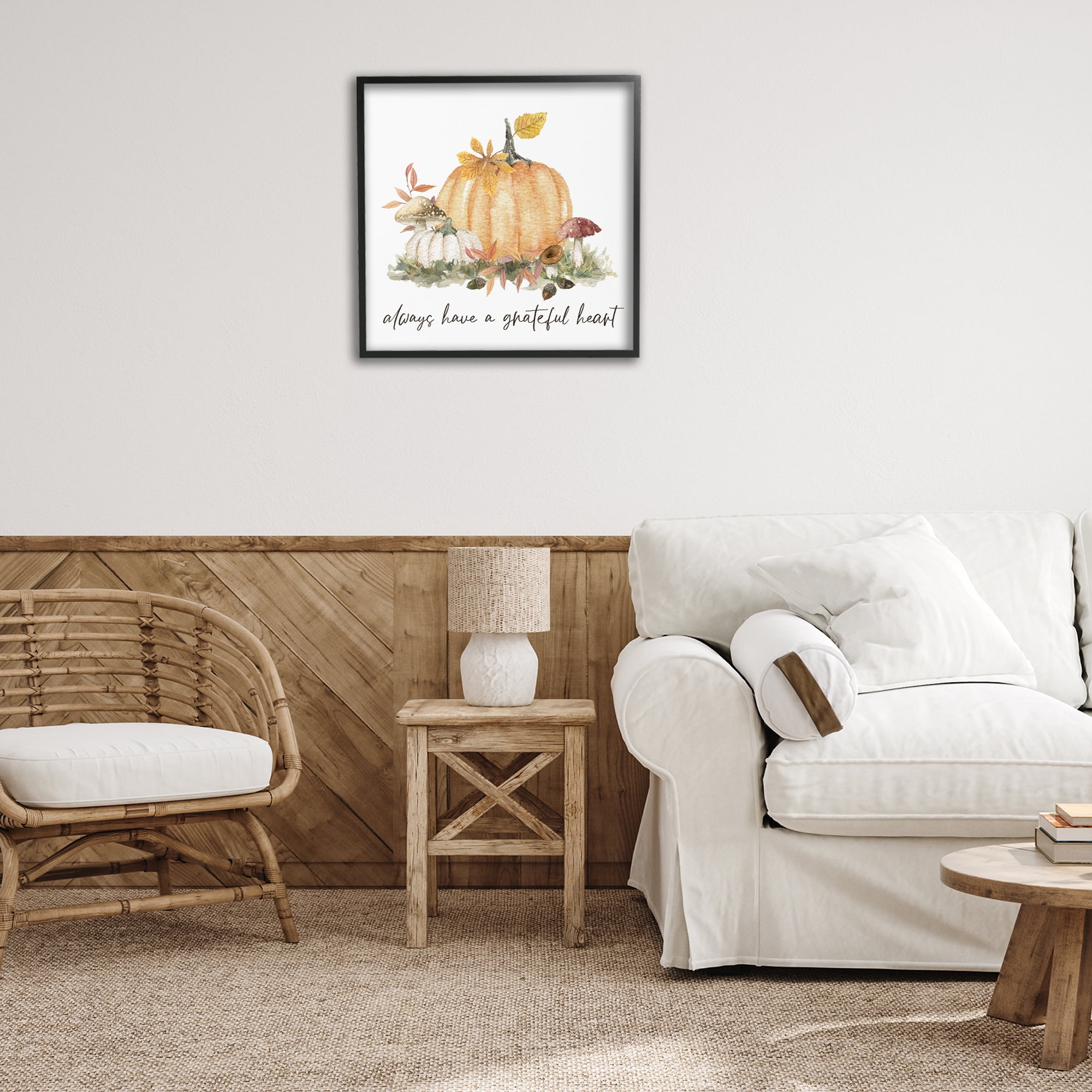 Stupell Industries Grateful Heart Pumpkin Botanical & Floral Painting Black Framed Art Prints Wall Art, 24 x 24