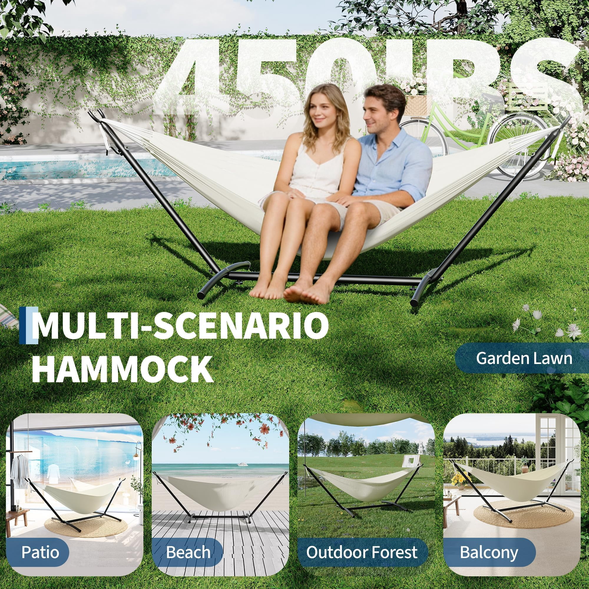 Portable Hammock with Stand, 500 lbs Capacity Hammock for Indoor & Outdoor Use, Includes Carry Bag & Adjustable Steel Frame(Beige)