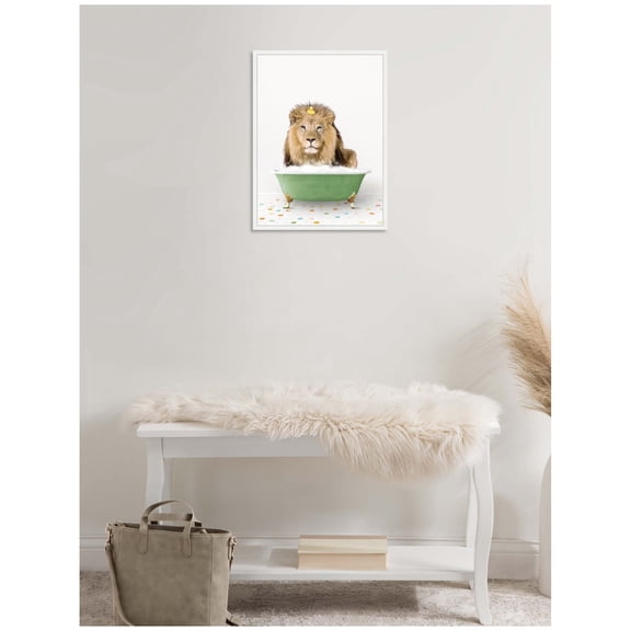 Kate and Laurel Lion in Green Bathtub on Colored Tile Framed Canvas Wall Art by Amy Peterson 18 x 24 Sylvie White, Whimsical, Animals, Bathroom, Humor Art for Wall Decor, Living Room, Bedroom