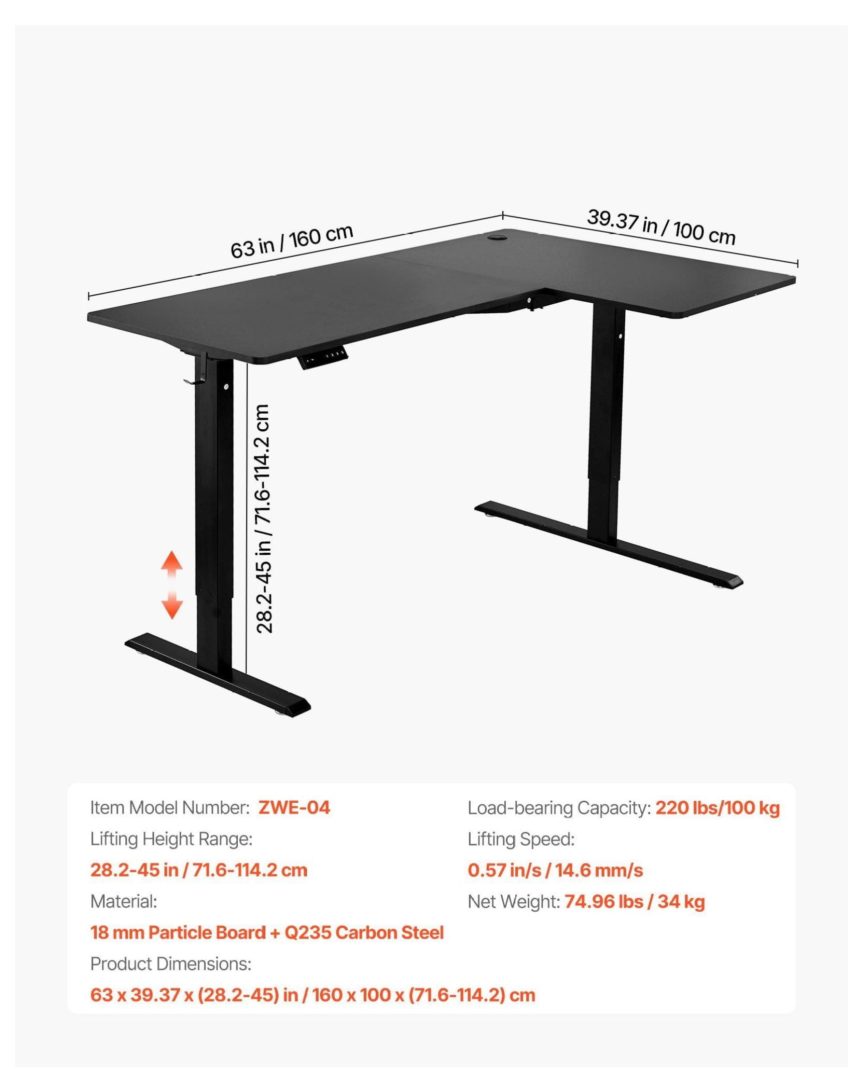 L Shaped Desk Electric Adjustable Height Corner Gaming Desk with Hooks - 63x39.37in Standing Desk Converter for Home Office, Dual Motor, Sit-Stand