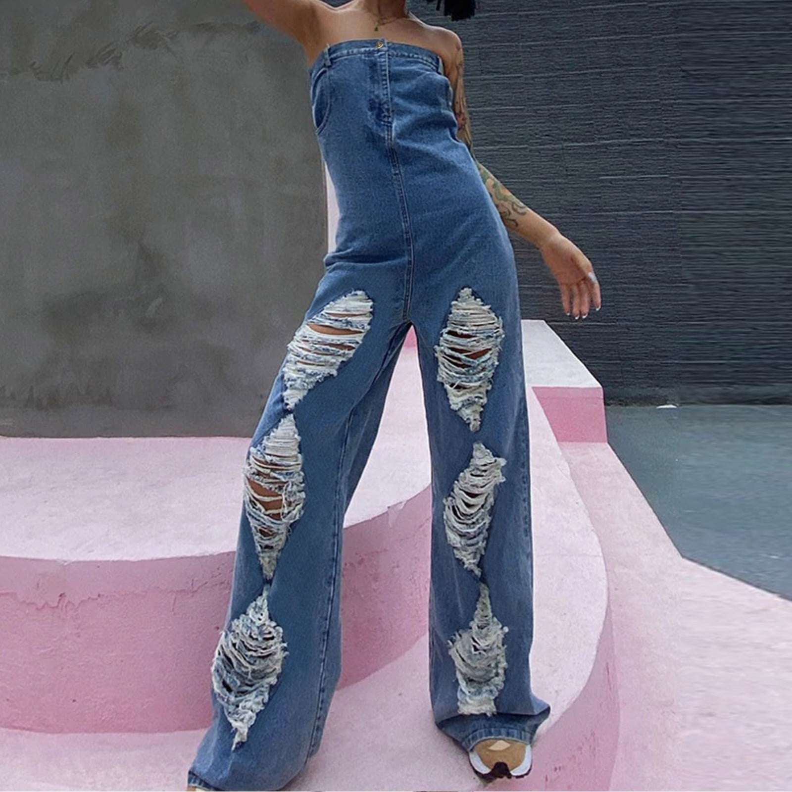 nsendm Womens Pants Female Adult Rompers for plus Size Women Womens Casual Trend Classic Vintage Denim Long Pants Jumpsuit plus Size Jean Jumpsuit