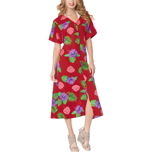 HAPPY BAY Women's Beachwear Swimsuit Coverups Summer Cover ups for Swimwear Women Button up Beach Dress Night T Shirt L-XL Maroon, Floral Hibiscus