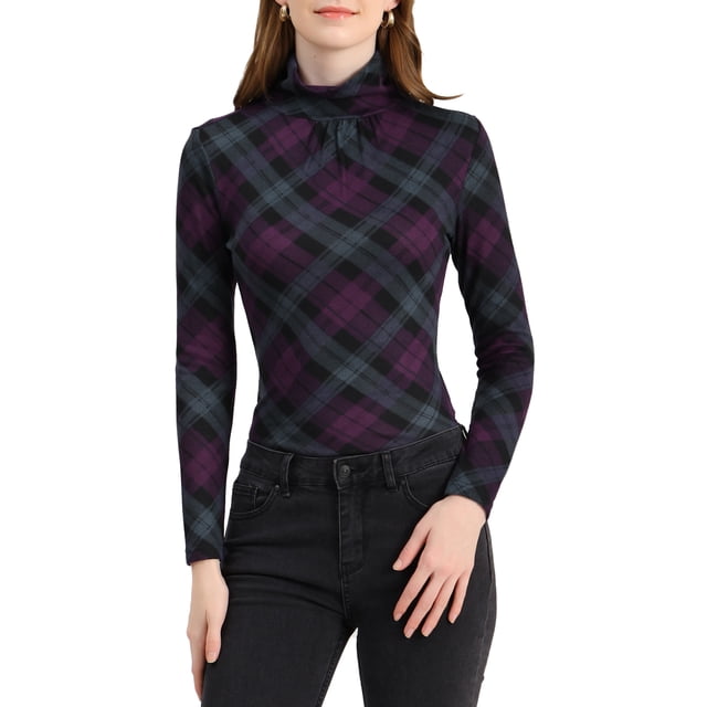 INSPIRAR CHIC Blusa de Mujer Ajustada Cuello Alto con Pliegues Manga Larga Top de Punto Morado