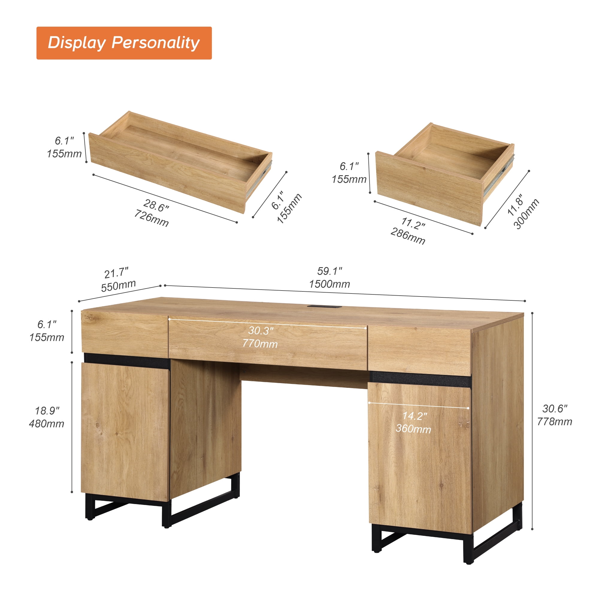 WAMPAT Home Office Furniture Set: 59" Executive Desk with Charging Station and Storage Cabinet, Two 72" Tall Bookcase, Modern Computer Desk and Library Shelf for Work Study, Oak