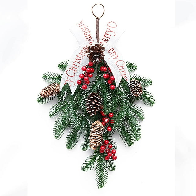 Décoration d'Aiguilles de Pin d'Hiver avec Ruban, Nœud et Baies Rouges pour Mur, Porte, Linteau, Décoration de Festival