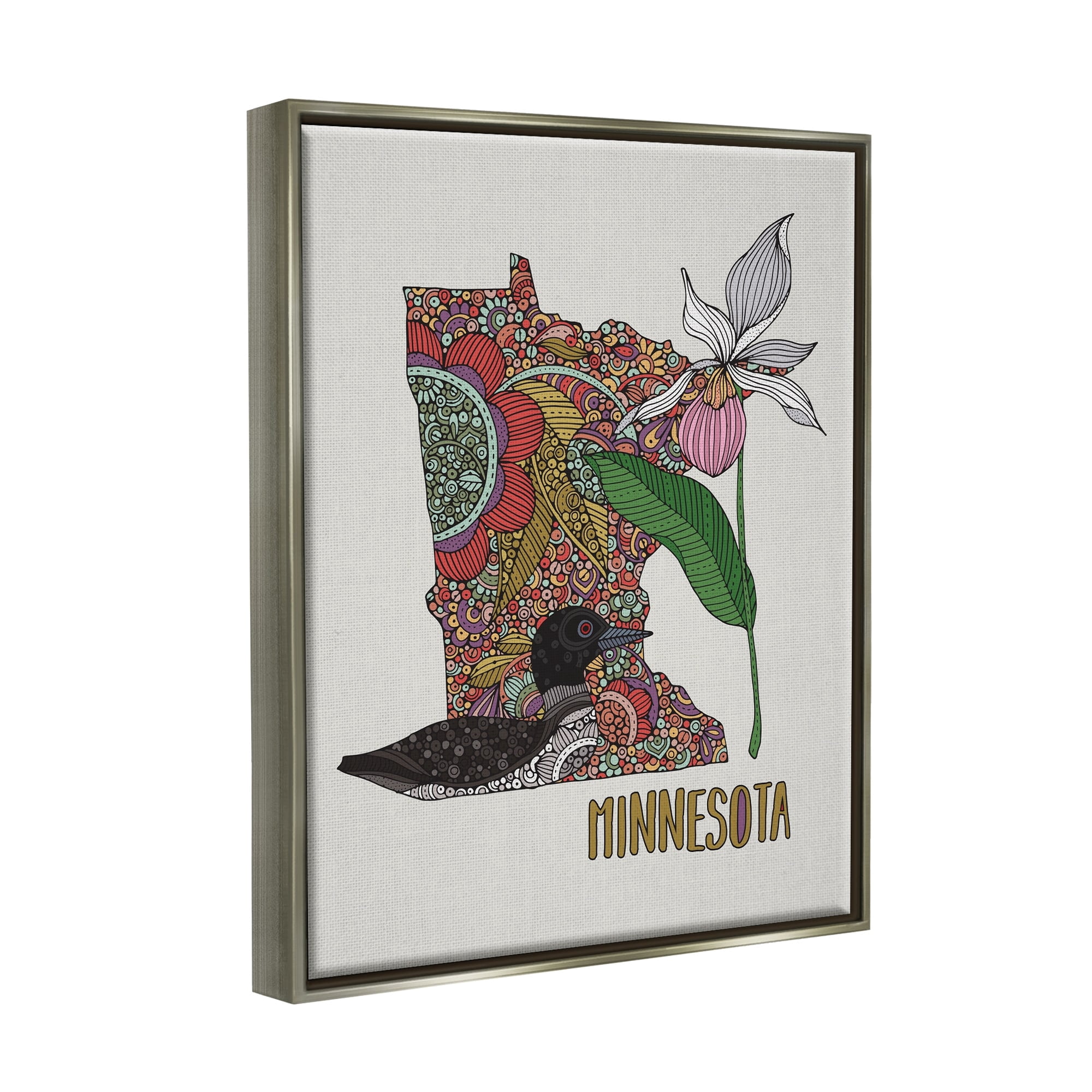 Stupell Industries Minnesota State Loon Bird Intricate Blooming Flowers Graphic Art Luster Gray Floating Framed Canvas Print Wall Art, Design by Valentina Harper