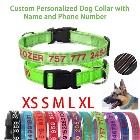 Lemohome Personalized Dog Collar Embroidered Reflective Nylon Custom ID Name Phone Number XS-XL within 25 characters