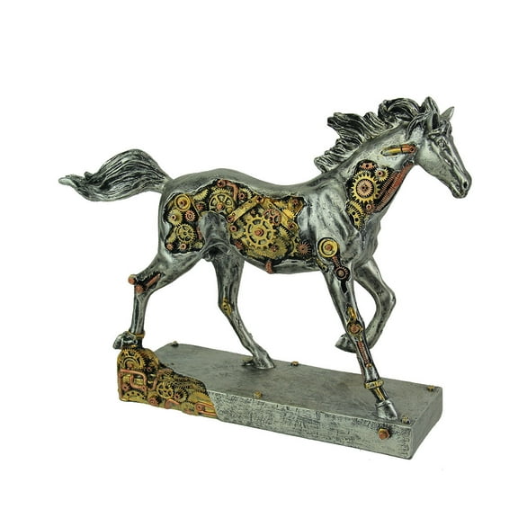 Zeckos Steam Stallion Metallic Silver Running Steampunk Horse Statue