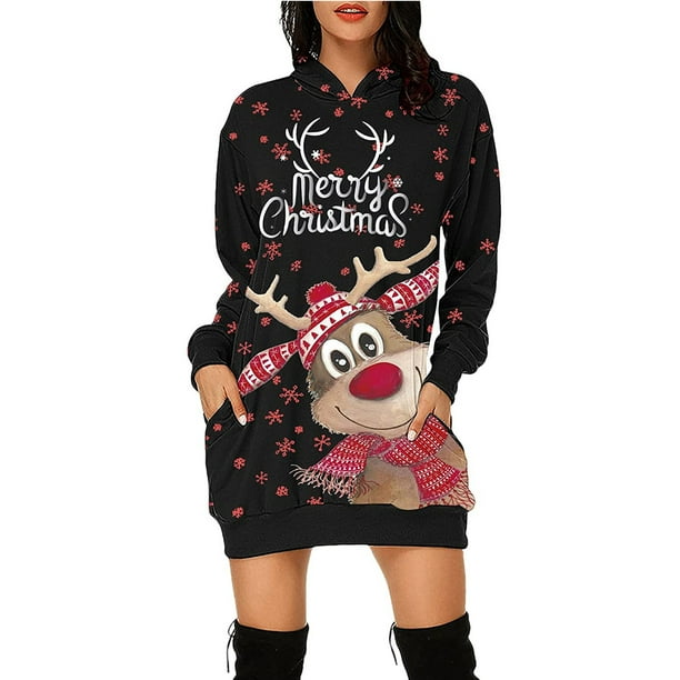 Vestido corto de sudadera con capucha y bolsillos con estampado navideño para mujer informal a la moda Pompotops hdfakjf453