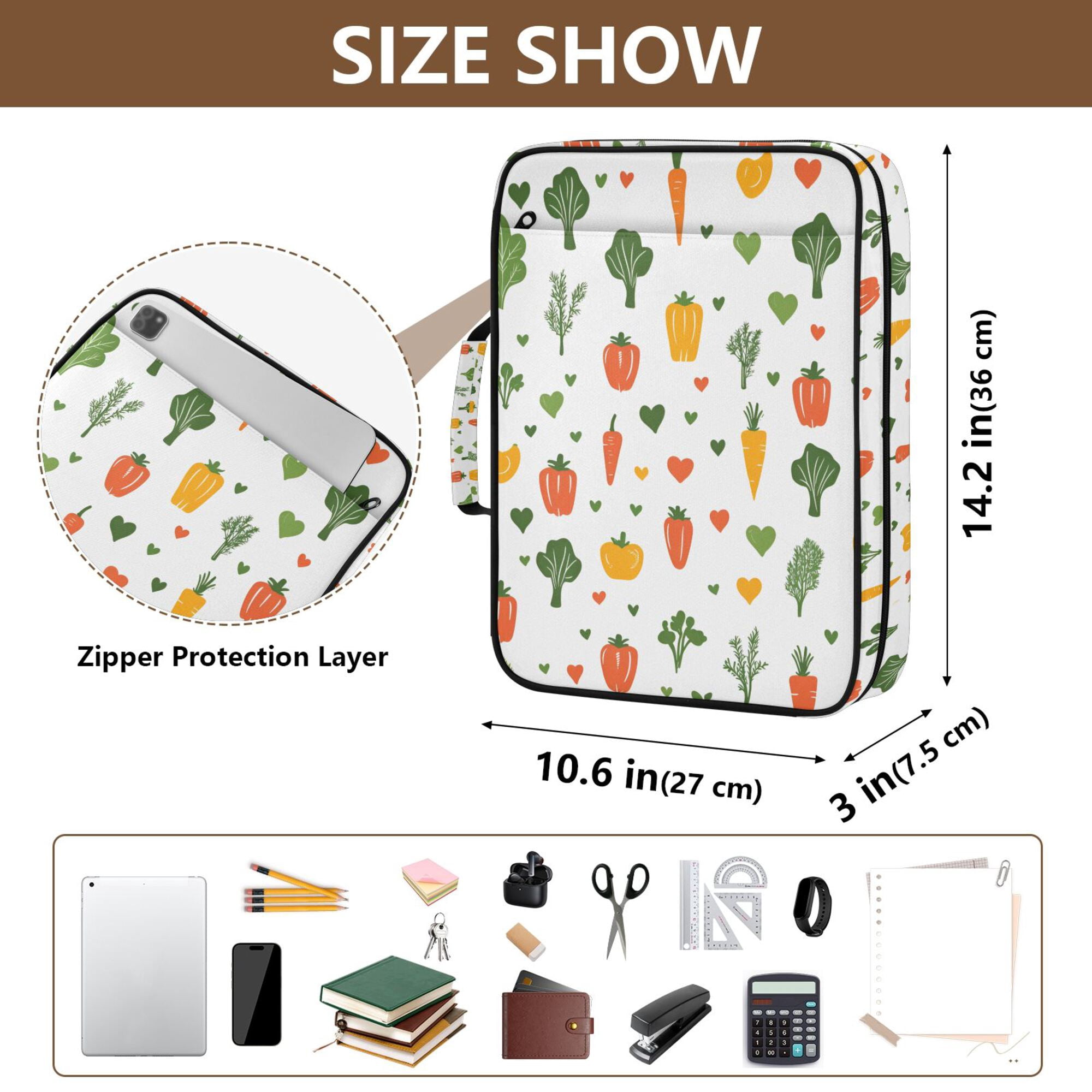 FORMRS Accordion File Folder A4 Size 7-Pocket Expanding Document Organizer Bag with 3 Ring Binder, Green Cute Vegetables