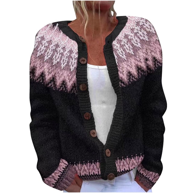 LMKIHUSA Femmes 2025 Automne Cardigans Chandails Ethnique Boho Graphique Tricot Fair Isle Manteau Col Rond Cardigan à Boutons Rose,P