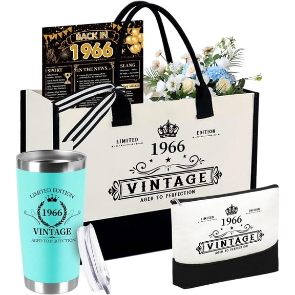 60th Birthday Gifts for Women Her- 4 count, Turning 60 Year Old Gifts, Birthday Decorations Canvas Beach Tote Bag & Makeup Bag, Happy 60th Present for Her Mom Wife