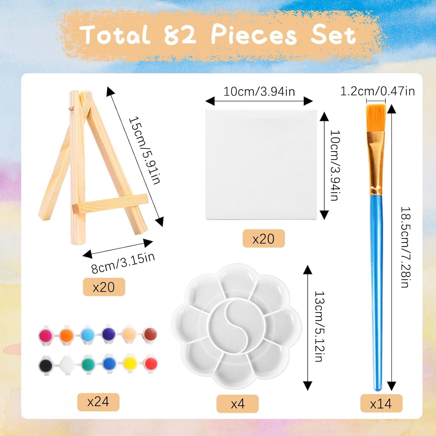 82Pcs Mini Canvas and Easel Set, 4x4 Adjustable Painting Set, 20 Wooden Easels with 20 Canvas, 14 Paintbrushes, 4 Palettes and Drawing Stand Kit for Party Drawing