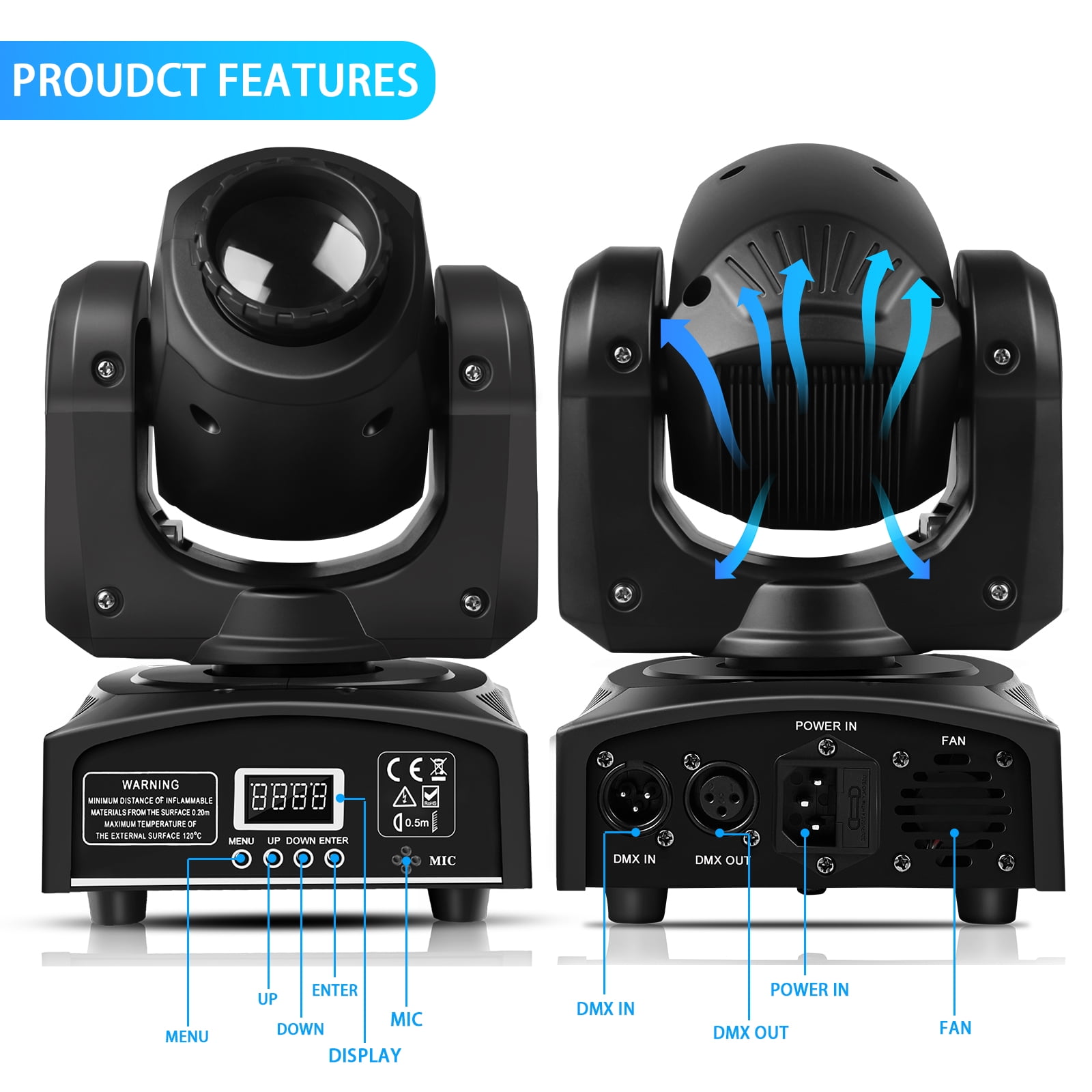 2Pack Moving Head DJ Light, RGBW 8-Pattern Sound-Activated Spotlight with Remote for Party Wedding Stage Show