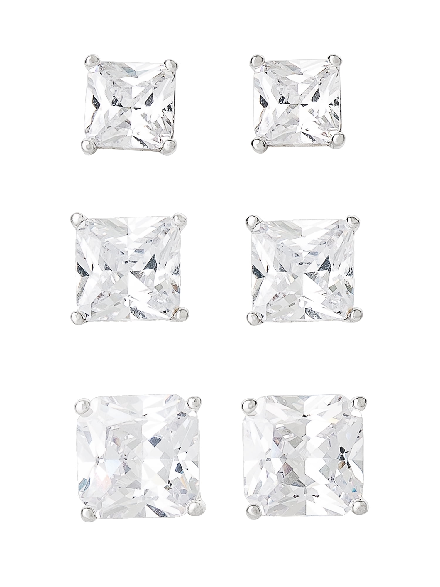 FINE SILVER PLATED CUBIC ZIRCONIA SQUARE 3PR EARRING SET