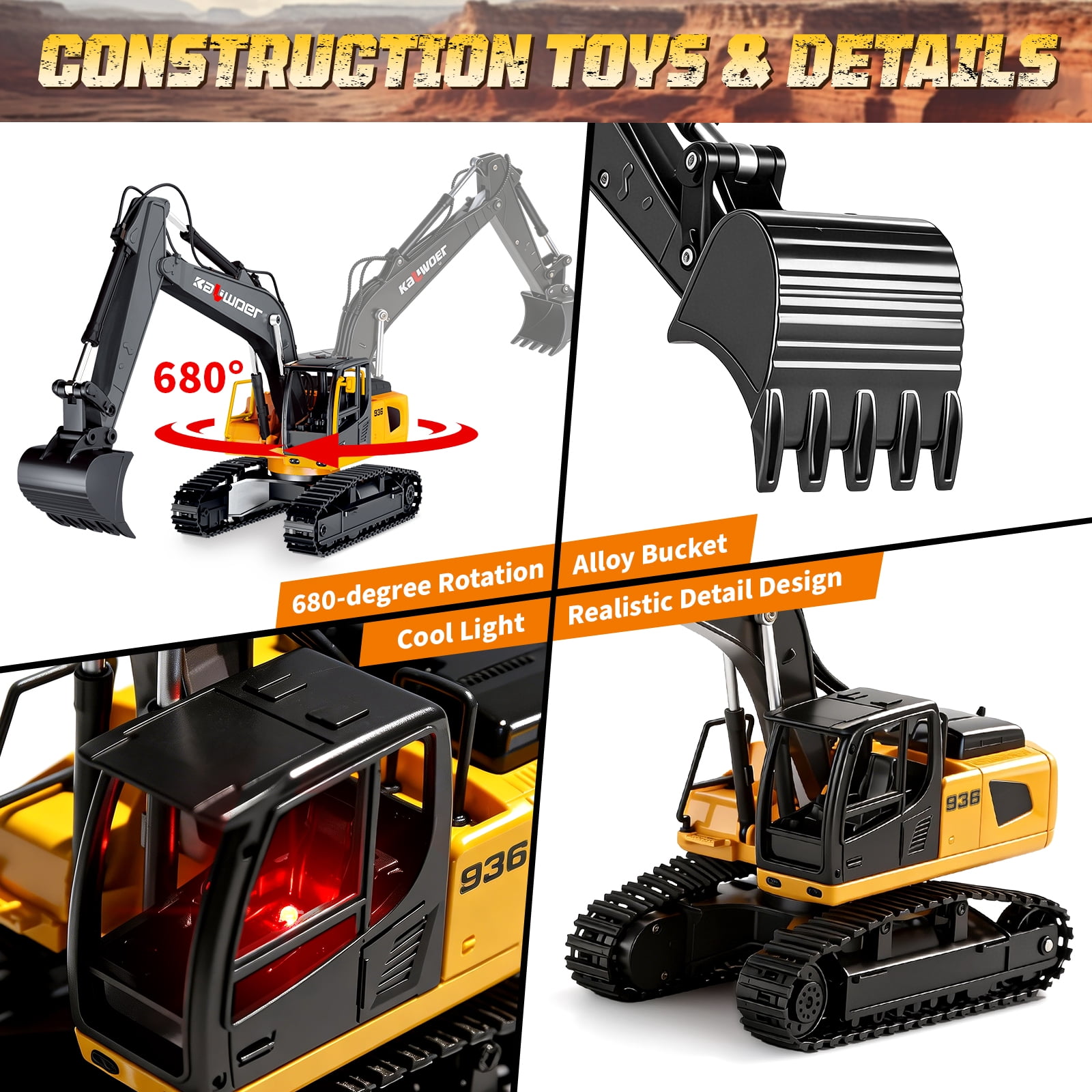 JoyStone RC Construction Vehicles Toy Set for Kids, 2.4Ghz Alloy RC Excavator and Dump Truck Toy with Light/Sounds/Auto Demo, RC Car Toys Gifts for Toddlers Boys