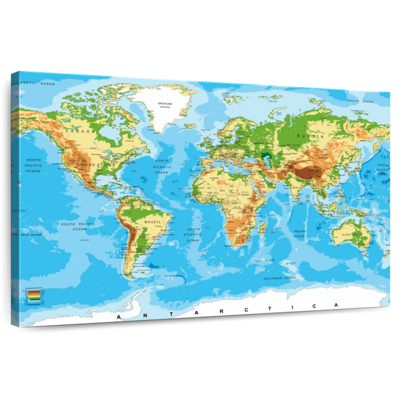 Elephant Stock Physical World Map Wall Art - Horizontal Canvas Wall Art - Living Room Wall Decor - Map Canvas - Blue And White Decor - 12" x 8"