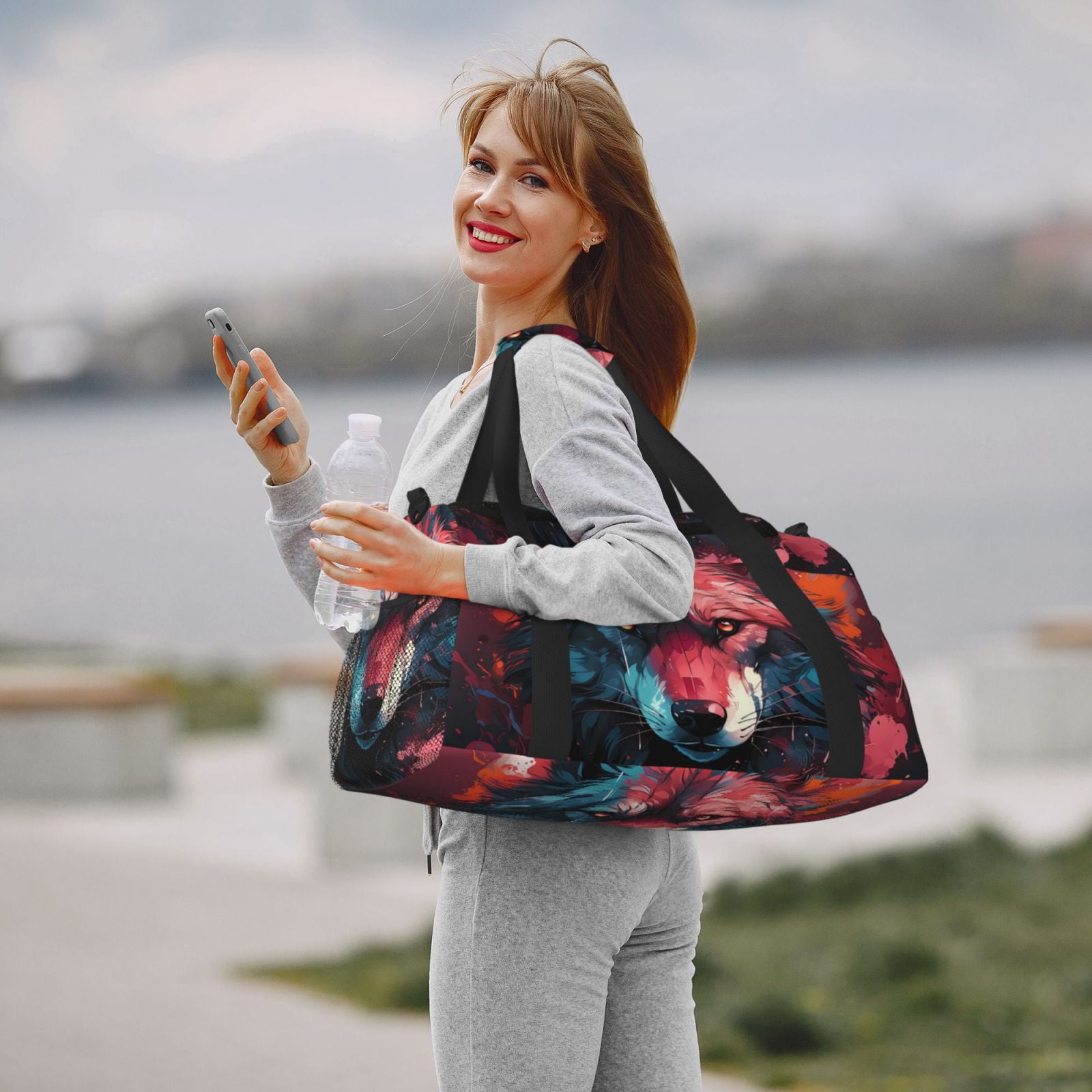 Fuzoiu Red Flame Wolf Head Print Travel Duffle Bag,Carry On Tote Bags,Duffel Bag,Sport Gym Bag, Hospital Bag for Labor and Delivery, Overnight Bag,Luggage Bag