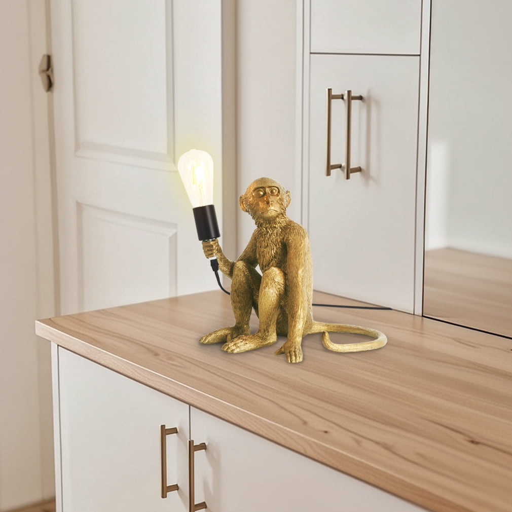 Elinkume Monkey Table Lamp, Resin Design Table Lamp, Bedroom, Living Room 4.33*12 inches (Gold)
