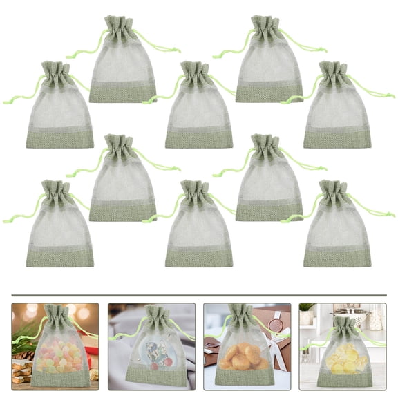 Hytrove Clear Window Drawstring Pouches Green Linen for Small Item Storage 10Pcs