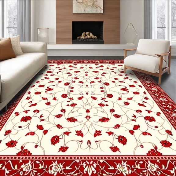 ODIKA 4'x6' Machine Washable Non-Slip Area Rug, Scarlet Vine Non Slip Aisle Floral High Traffic Rug, White, 59827