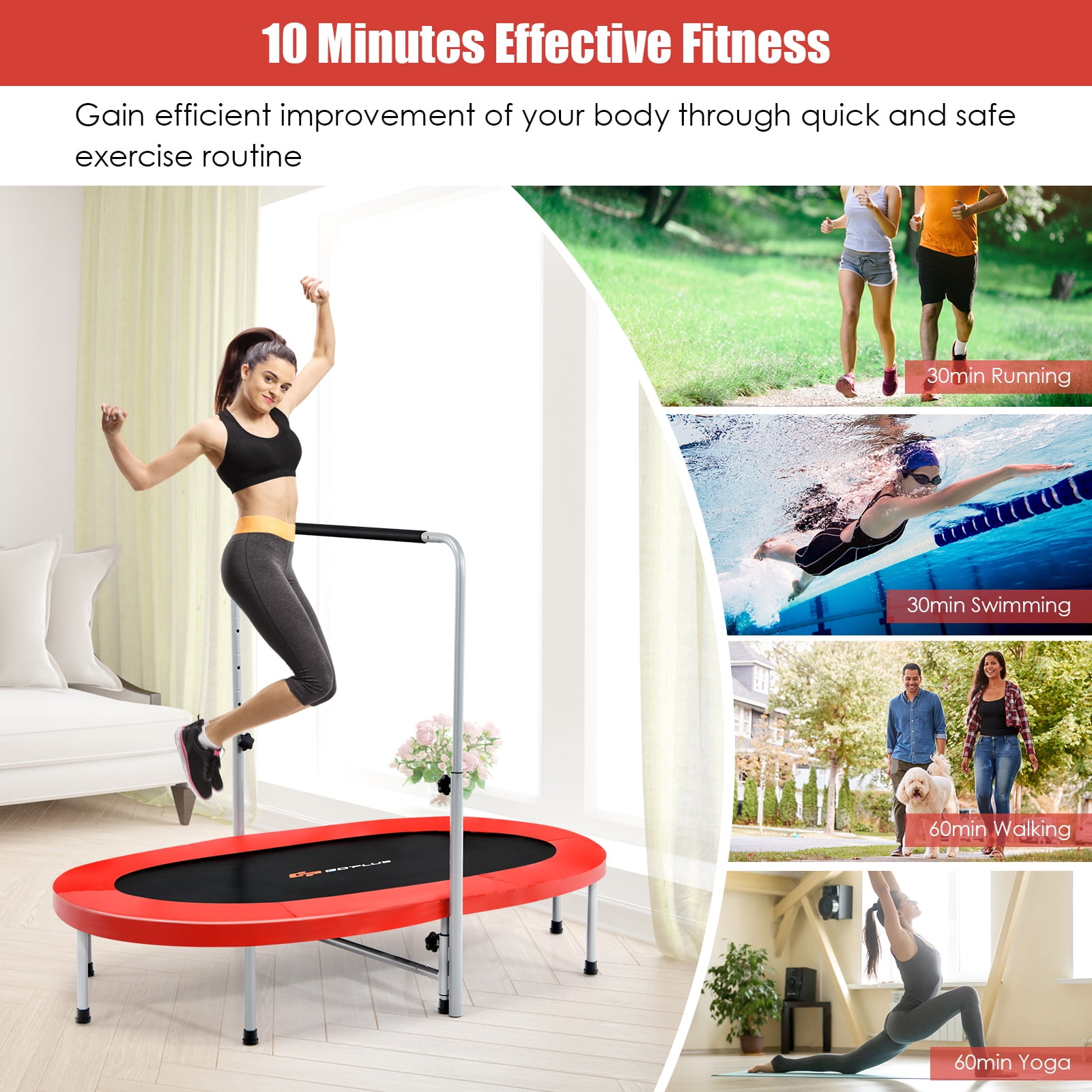 Infans 50" Trampoline for 2 People Foldable Rebouncer w/Adjustable Handrail Red