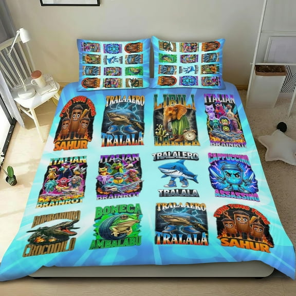 Bedding Set For Italian Brainrot Tung Tung Sahur Comforter Cover Set Cute Duvet Cover Sets Super Soft For Teens Kids Bedroom Gifts,1 Duvet Cover with 2 Pillowcases Twin 3 Piece