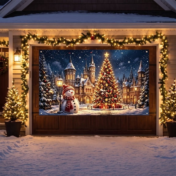 Christmas Garage Door Cover, Snowman Decoration, Outdoor Holiday Banner, Waterproof Polyester, European Castle Winter Scene, Festive Porch Hanging