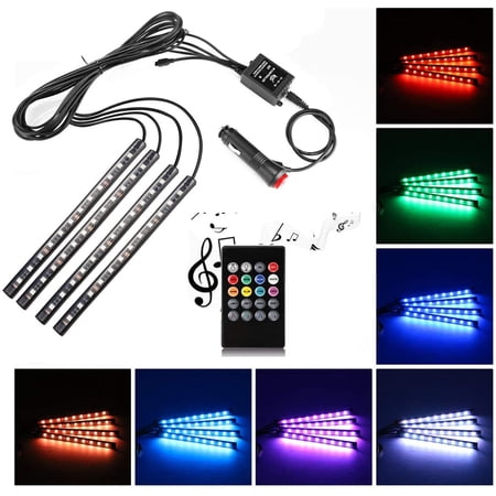 Interior Car Lights 4 Pieces DC 12V Multicolor Car Interior Music Light LED Underdash Lighting Kit with Sound Active Function and Wireless Remote Control Including Car Charger