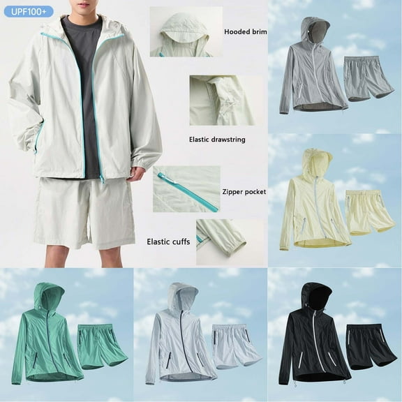 RYDCOT Men's Sun Protection Outdoor Casual Jacket with Pocket Full Zipper Long Sleeve Hoodie Shirt and Shorts Set Yellow