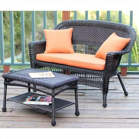 Jeco Wicker Patio Love Seat and Coffee Table Set in Espresso with Orange Cushion