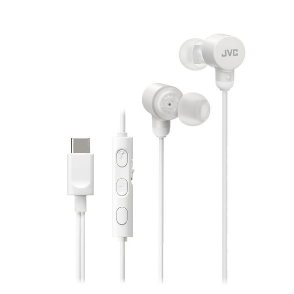 JVC Wired USB-C Earbuds - Noise Isolation - DAC - Hi-Res Audio - Built-in Mic with Mute - Comfortable Silicone Ear Tips - 3 Button Remote – Plug & Play - HAFR29UCW (white)