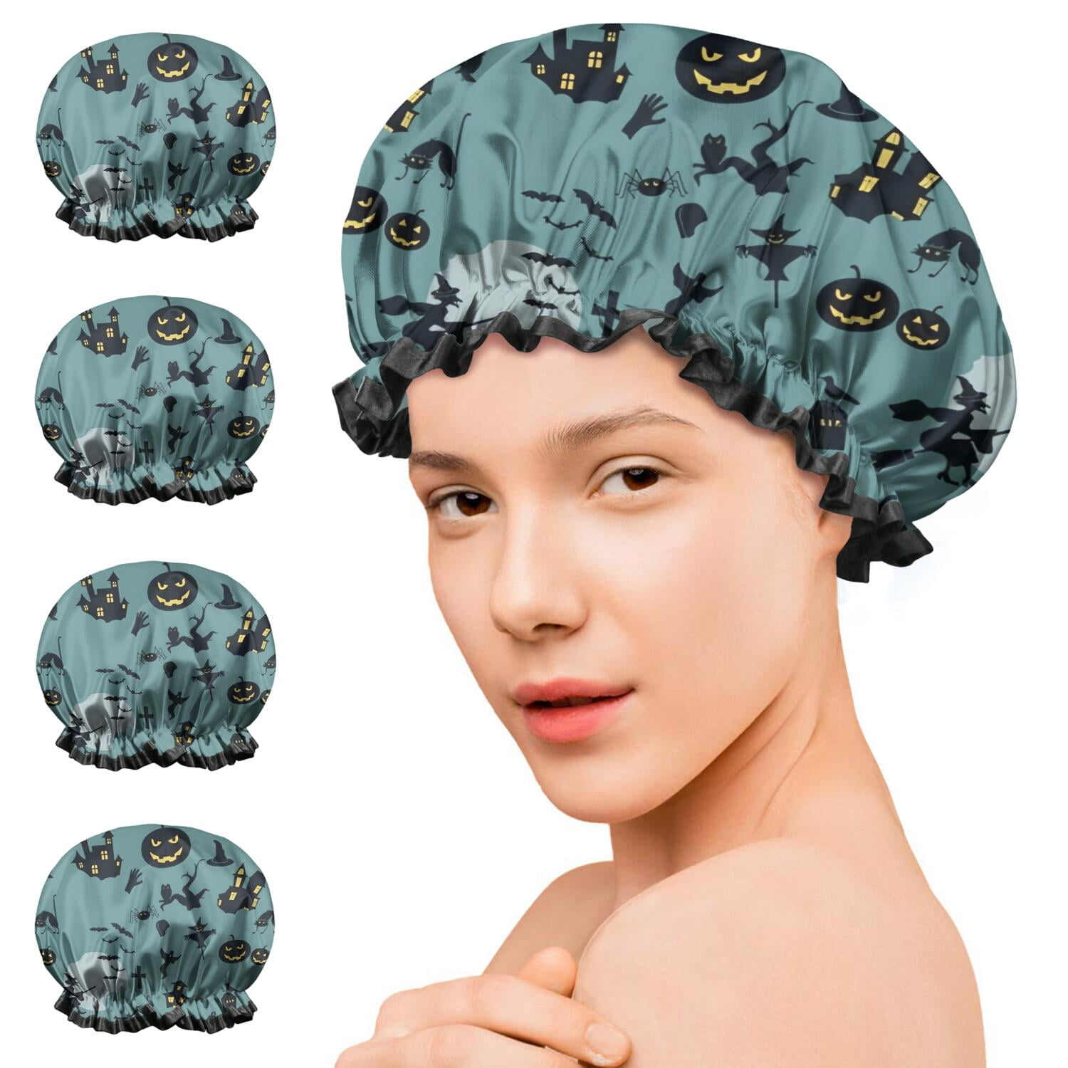 Shower Caps,Halloween Witchy Motifs Pattern Waterproof Shower Cap for Women 4 Pieces,Double Reusable Hair Cover for Shower PEVA Elastic Stretch Hem