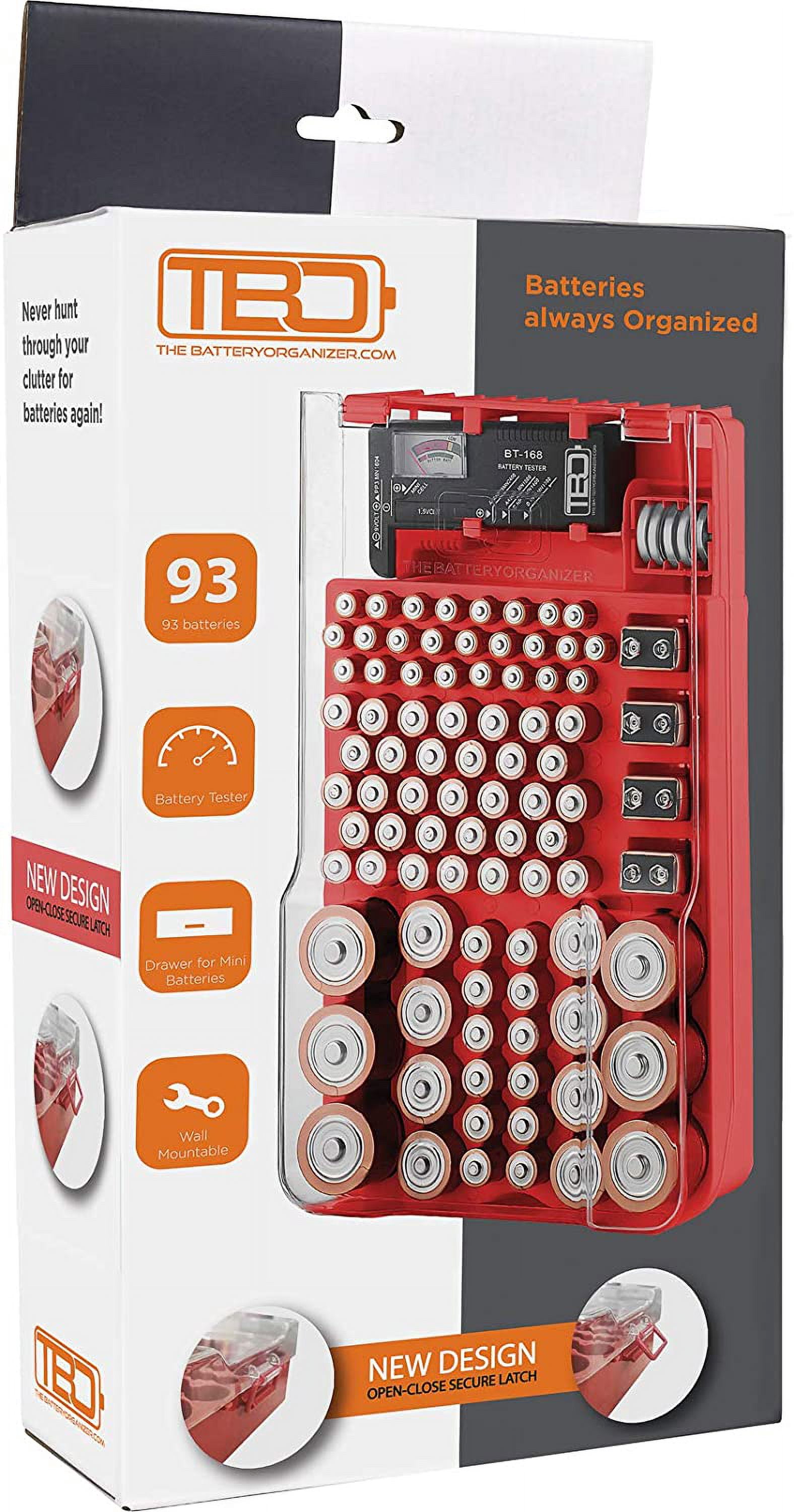 The Battery Organizer Storage Case with Hinged Clear Cover and closing latch, includes a Removable Battery Tester, Holds 93 Batteries Various Sizes (Red)