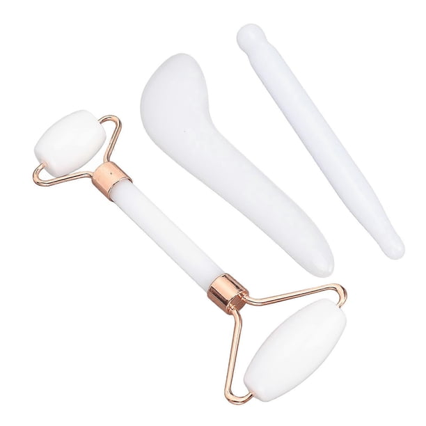 3pcs Jadestone Face Roller Gua Sha Set Anti Aging Improve Circulation Gua Sha Scraping Massage Tool with L Shaped Scraping Tool White