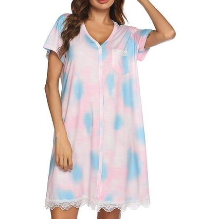 

Follure Women Loose Short Sleeve Lace V-Neck Stripe Printed Home Nightdress Dress Dress Women Casual