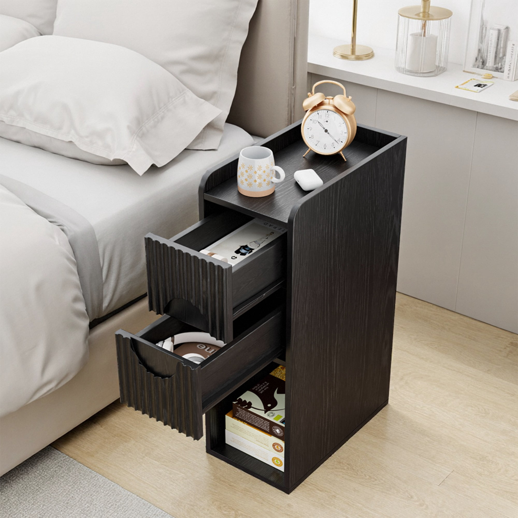 End Tables Set of 2, Small Side Table, Slim Side Table, Wood 2 Drawer Narrow Nightstand