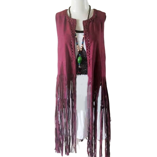 Chaleco Minnieouse sin mangas estilo occidental transpirable con borlas vino rojo L