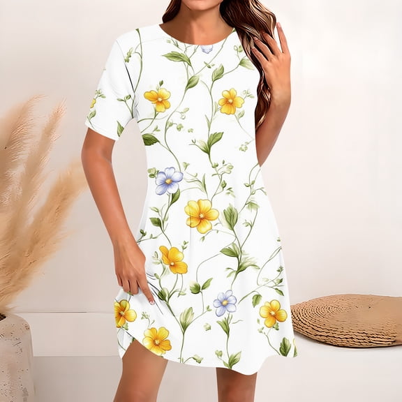 ALLLIST Ladies Dresses Summer Crew Neck Floral Mini Vacation Sundress Outfits for Women Size S-3XL
