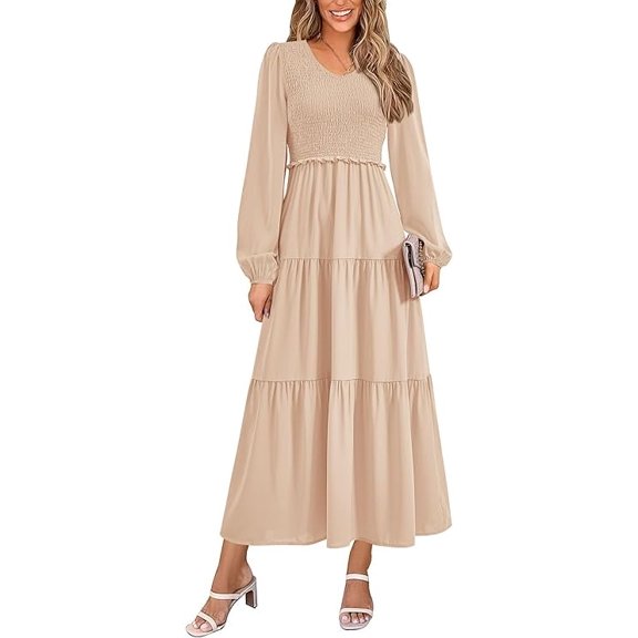 PRETTYGARDEN Women's Midi Dresses Spring Long Sleeve V Neck Tiered Smocked A Line Long Flowy Dress