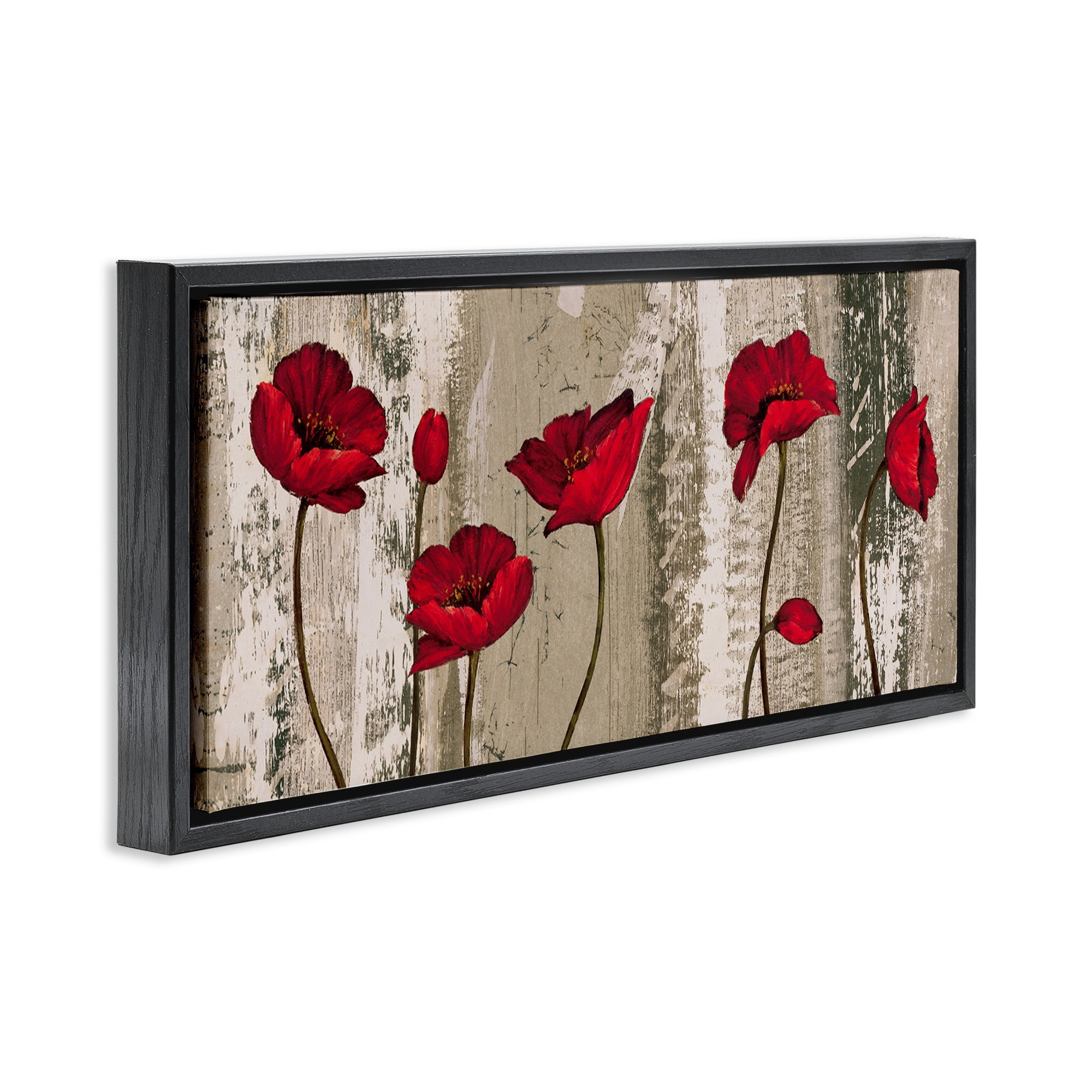 Stupell Industries Red Poppies Rustic Pattern Botanical & Floral Painting Black Floater Framed Canvas Art Print Wall Art, 25 x 11