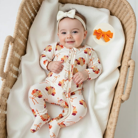 SONGGE Toddler Baby Girl Thanksgiving Outfit Sets Turkey Print Zip Up O-Neck Romper With Headband Bodysuit Back To School Soft Clothing Sets