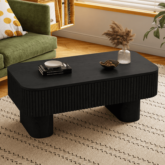 Rophefx 44" Rectangular Coffee Table, Black Fluted Wood Coffee Table with Storage, Mid Century Modern Center Table for Living Room Apartment