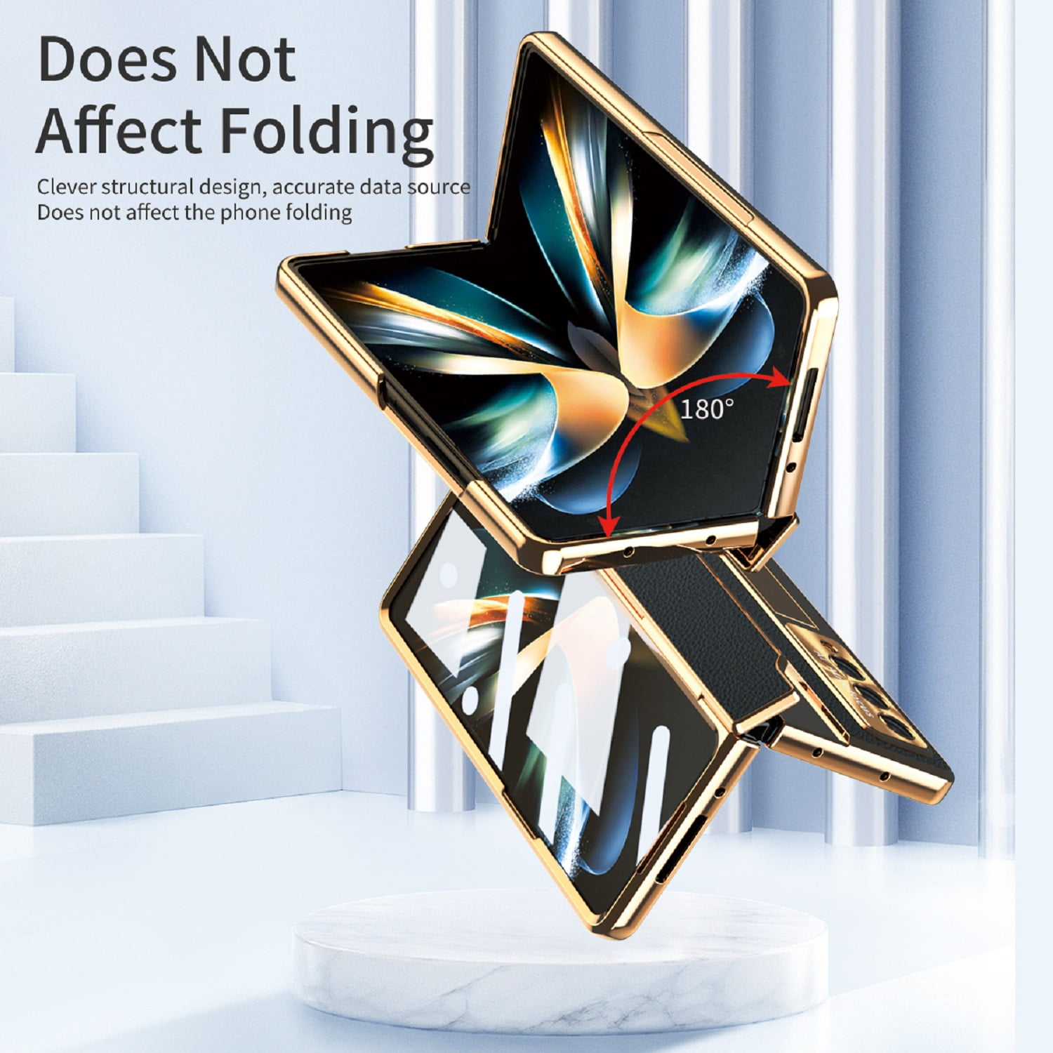TECH CIRCLE Galaxy Z Fold 3 Case, Ultra-Thin Luxury PU Leather Hard PC Kickstand Anti-Scratch Shockproof Hinge Protection Case Support Wireless Charging for Samsung Galaxy Z Fold 3 5G, Gold+Black