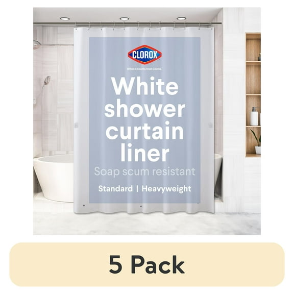 (5 pack) Clorox Shower Curtain Liner Heavyweight Waterproof PEVA with Metal Grommets, 72" x 72" White